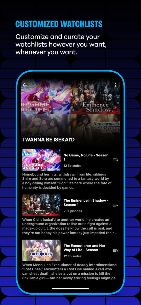 HIDIVE - Schermata mobile che mostra una watchlist personalizzata con titoli anime come No Game No Life e The Eminence in Shadow nell'app HIDIVE