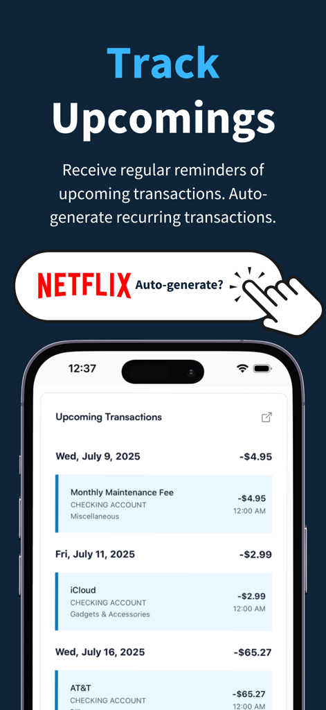 Koody - Budget & Bills Tracker - Koody app screen showing a list of upcoming transactions and recurring bill reminders.