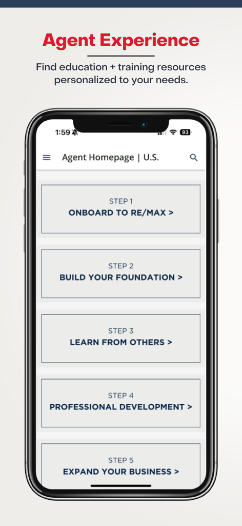 Captura de pantalla de la aplicación Universidad RE/MAX que muestra un camino de desarrollo profesional de cinco pasos para agentes inmobiliarios.