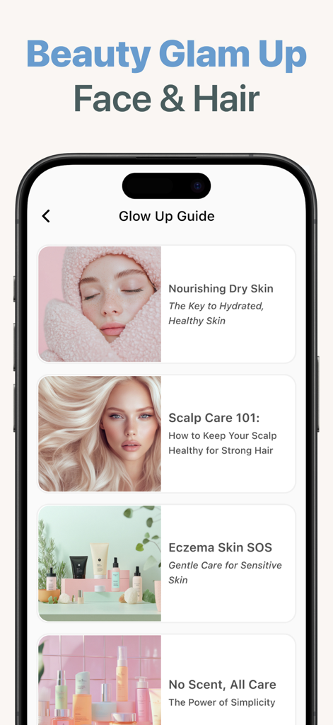 SafeSkin AI mobile app screen displaying the Glow Up Guide with articles on dry skin scalp care and eczema