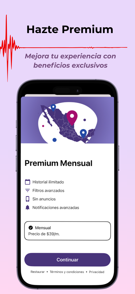 Sismos Mexico app premium monthly subscription plan showing features like advanced notifications and unlimited history
