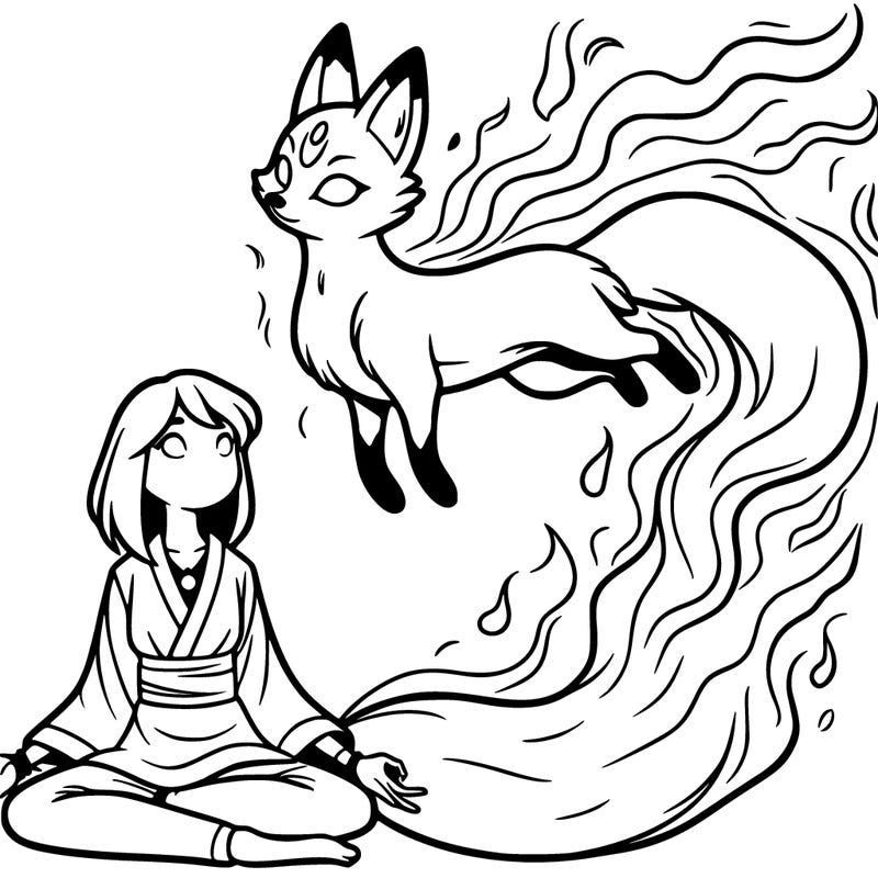 spirit fox floating above a sitting girl