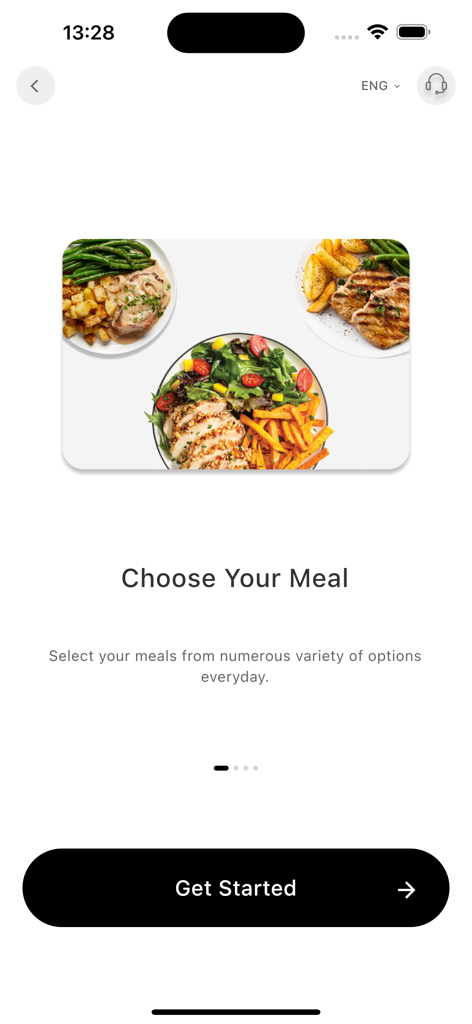 V-SHAPE - في شيب - Onboarding screen for V-SHAPE app showing healthy meal options and a Get Started button.