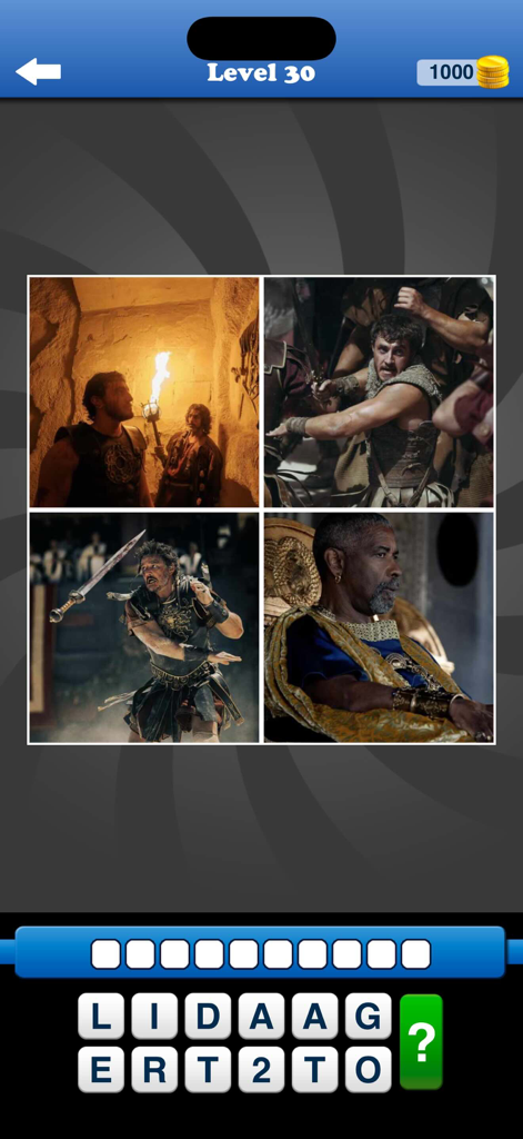 Guess the Movie: Film Pop Quiz - Captura de pantalla de un nivel de juego de trivia de películas que presenta escenas de Gladiator 2.