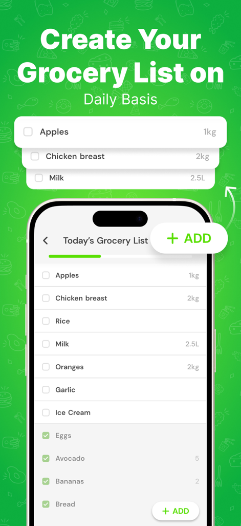NutriSmart 모바일 앱 인터페이스가 사과와 닭고기와 같은 다양한 식품 품목이 있는 일일 식료품 목록 기능을 표시하는 모습