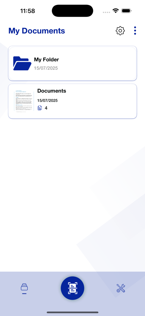 ドキュメントスキャナーアプリのインターフェース。整理されたフォルダと「マイドキュメント」セクションのスキャンされたPDFファイルが表示されています。