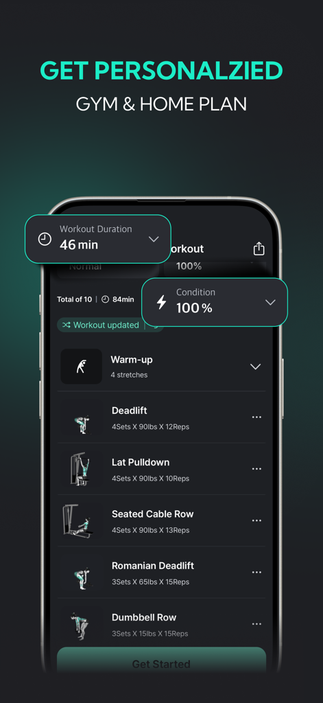 Planfit app interface displaying a personalized gym and home workout plan with detailed exercises and durations
