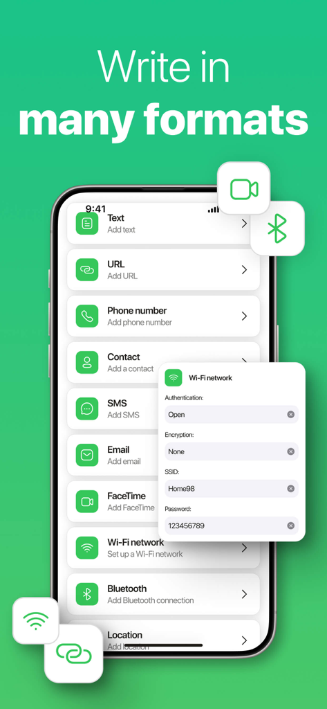 NFC Reader & Scannerㅤ - La aplicación Lector y Escáner NFC muestra varios formatos de datos para escribir en etiquetas NFC, incluyendo WiFi y contactos