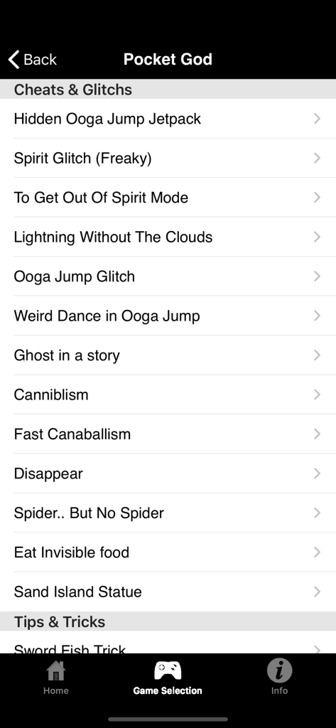Mobile Cheats for iOS Games - A menu showing various cheats and glitches for the game Pocket God