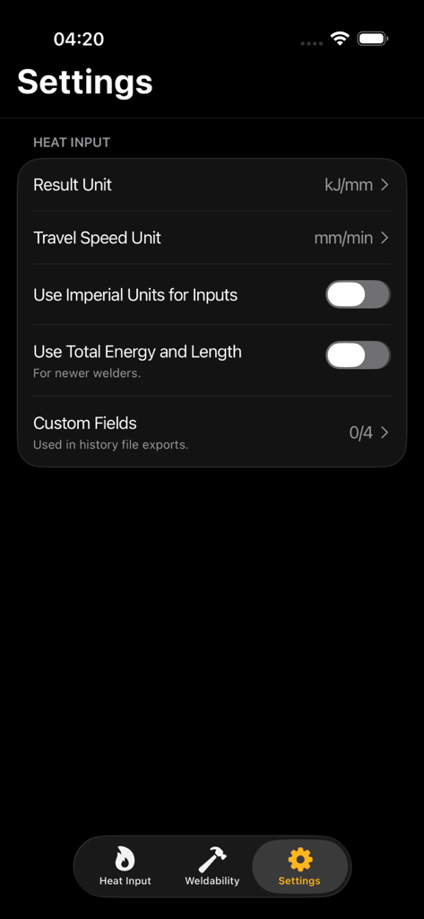 Welding Toolbox 2 - Welding Toolbox 2 settings screen showing units and heat input configuration