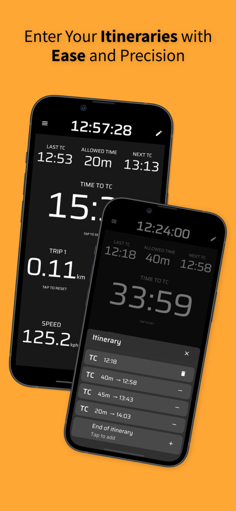 Rally Tripmeter - Interface of the Rally Tripmeter app showing itinerary management and time control tracking on two smartphones