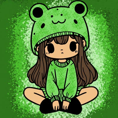 a girl wearing a frog hat and some frog socks