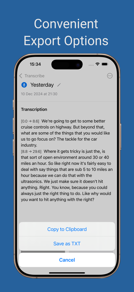 Nasu - Voice Notes - iPhone screen showing the Nasu app with transcription text and a menu with export options like Copy to Clipboard and Save as TXT.