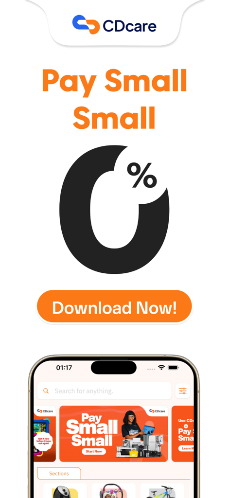 CDcare mobile shopping app interface promoting zero interest installment payment plans for consumer goods.