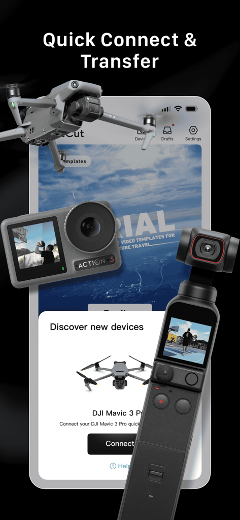 LightCut - AI Video Editor - Interfaccia dell'app LightCut che mostra la connessione con drone DJI e action camera Osmo