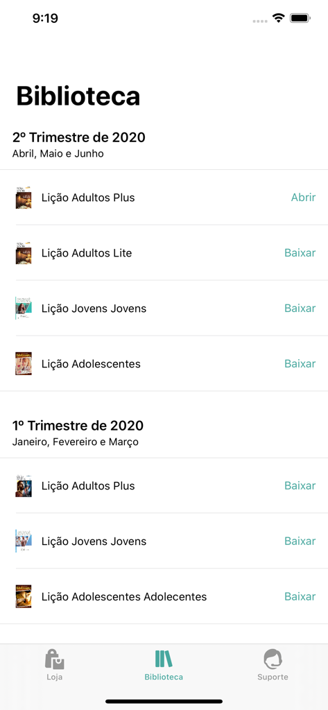 Lição da Escola Sabatina - Tela da biblioteca do aplicativo Licao da Escola Sabatina mostrando vários guias de estudo trimestrais para download