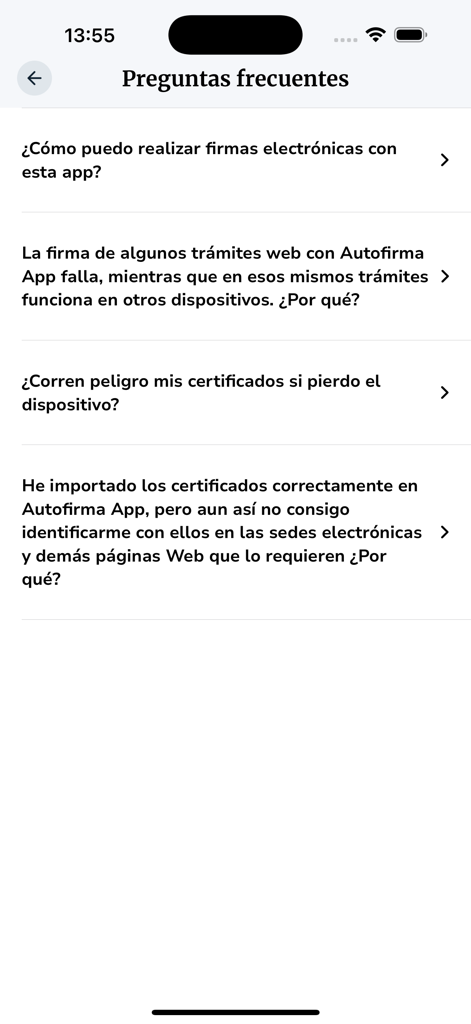 Autofirma App - Sección de preguntas frecuentes de la App Autofirma mostrando ayuda para la resolución de problemas en español