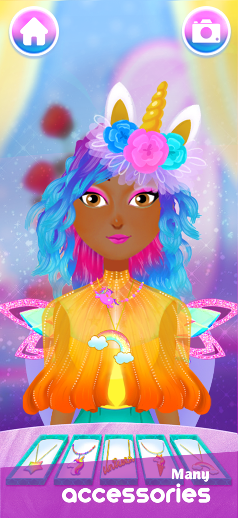 Hair Salon : Beauty Game - Character with colorful hair and unicorn horn accessories in a beauty styling game