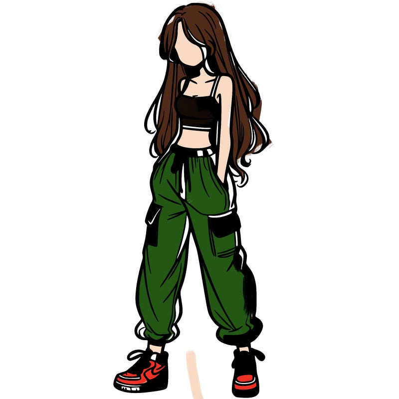 girl in baggy pants crop top and long hair