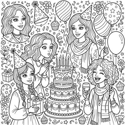 Dive into a delightful birthday party scene with this intricate adult coloring page, perfect for unwinding and artistic expression. Featuring diverse people portraits and festive details, it promises hours of creative joy.
