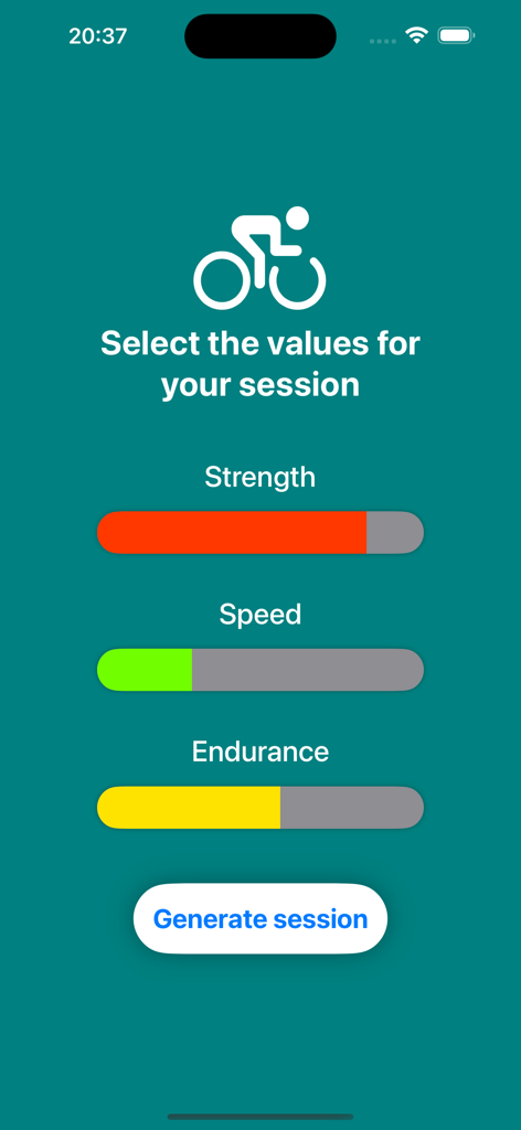 BikeTraining - Interfaz de la aplicación BikeTraining que muestra deslizadores para seleccionar valores de fuerza, velocidad y resistencia para generar una sesión de ciclismo personalizada