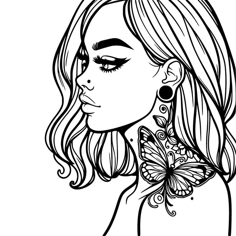realistic girl with neck butterfly tattoo