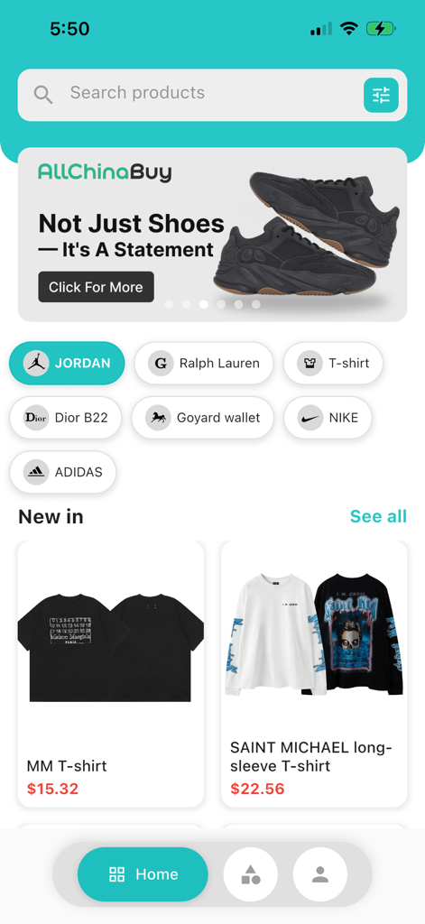 AllChinaBuy Sheets - AllChinaBuy Sheets app home screen showcasing streetwear brand categories and new product arrivals