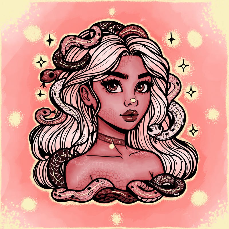 realistic girl with snakes as hair