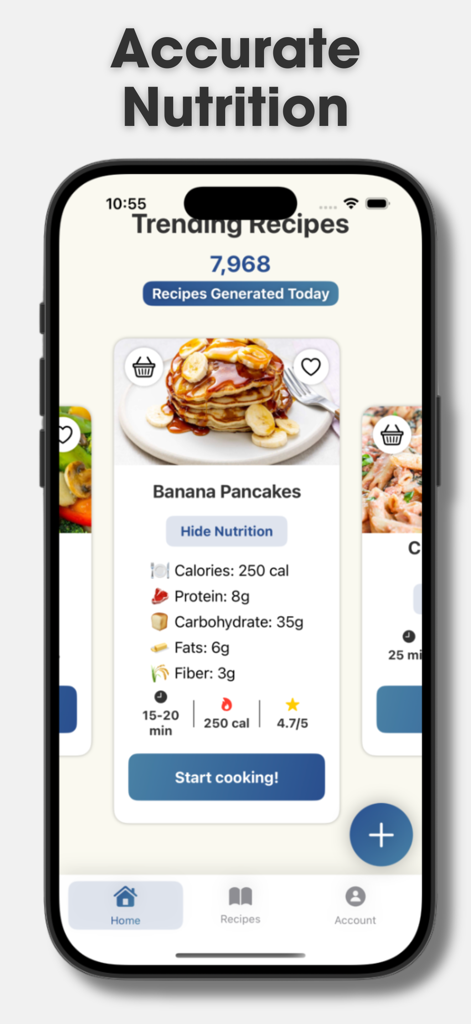 Recipi: AI Recipe Maker - Una pantalla de smartphone de la aplicación Recipi que muestra las calorías y los macronutrientes de una receta de panqueques de plátano.