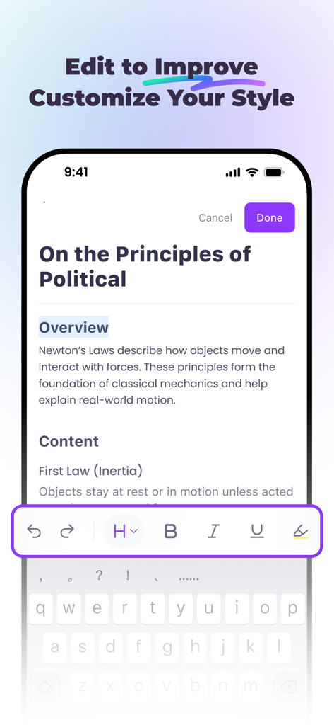 StudyX: AI Homework Helper - Interface of the StudyX app showing text editing features and formatting tools for academic writing