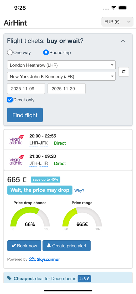 Interfaz de la aplicación AirHint que muestra la predicción de precios de vuelos y la recomendación de espera para un viaje de Londres a Nueva York.