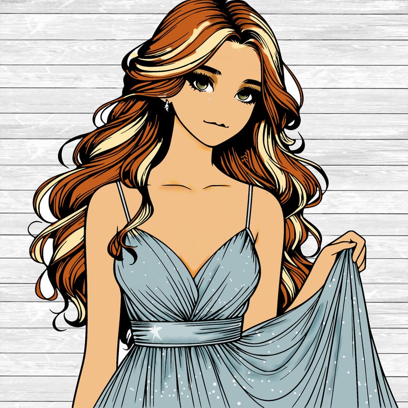realistic girl in flowy silky prom dress