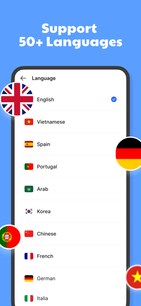 AI Translator app interface displaying a list of over 50 supported languages with corresponding country flags
