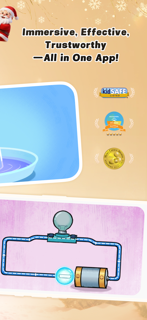 Cretapedia: Science Learning - Cretapedia science learning app showing awards and an interactive electric circuit