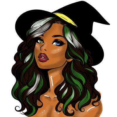 realistic witch girl with wavy hair and lips