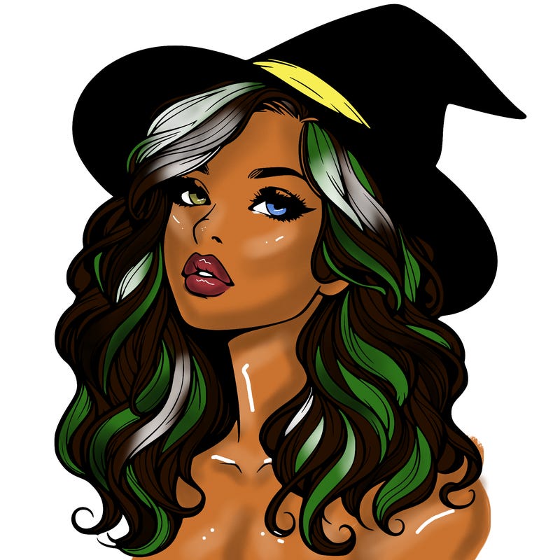 realistic witch girl with wavy hair and lips