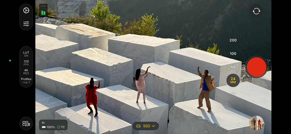 The Final Cut Camera app interface showing manual video controls and cinematic recording on an iPhone.