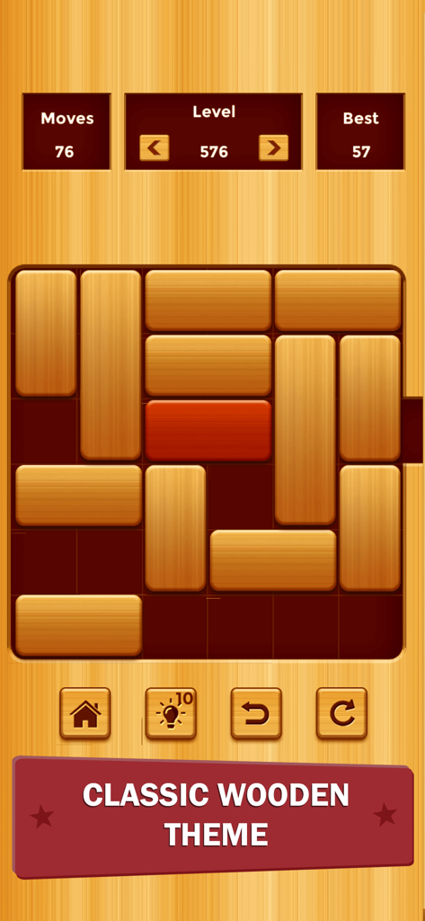 Unlock me unblock puzzle game featuring the classic wooden theme on level 576