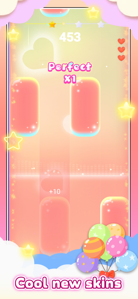 PopCat Tiles: Piano & Music - Gameplay de PopCat Tiles présentant des tuiles musicales roses et un message promotionnel pour de nouvelles skins cool.