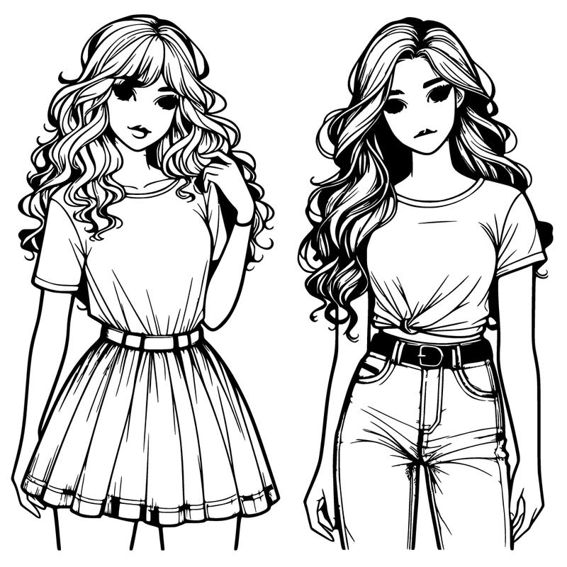 two realistic girls one in a t-shirt and a skirt one in t-shirtand jeans both with long curly hair