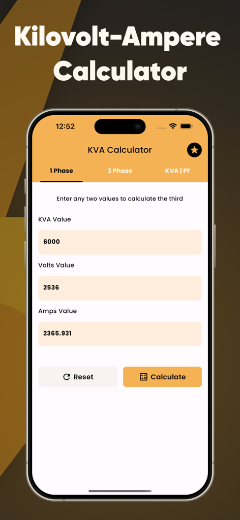 Interfaccia dell'app Calcolatore kVA 2025 che mostra il calcolo della potenza elettrica monofase con campi di input per kVA, Volt e Ampere.