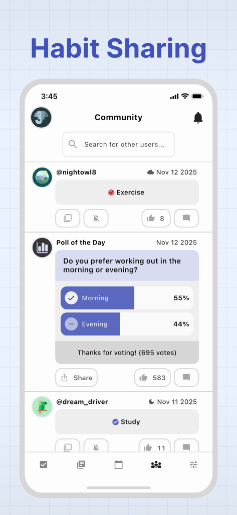 The HelloHabit app community interface displaying shared user activities and a poll of the day for social habit motivation