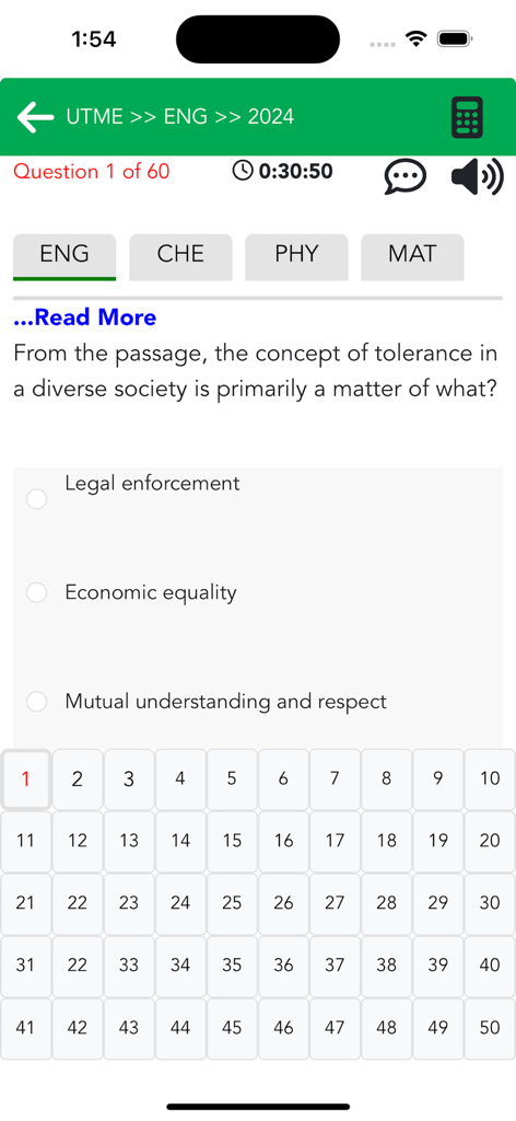 Una pantalla de aplicación móvil que muestra una pregunta de práctica de examen UTME de inglés en CBT con opciones de respuesta múltiple y una cuadrícula de navegación