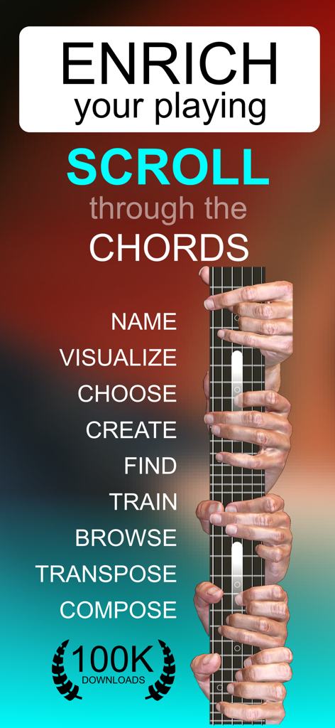 Guitar Chord Finder Fretboard - Escala de guitarra mostrando múltiplas posições de mão com uma lista de recursos do aplicativo para descoberta e composição de acordes