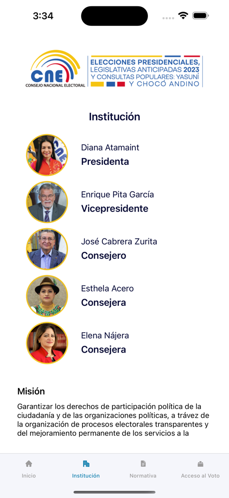 Institutional screen of the CNE App featuring the president and council members of the National Electoral Council of Ecuador