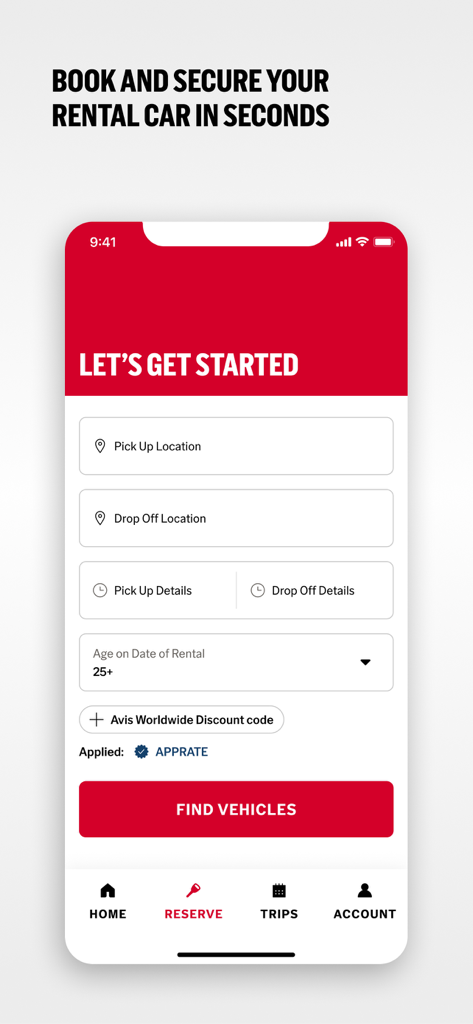 Mobile interface of the Avis app showing the reservation screen with fields for pickup and drop-off locations