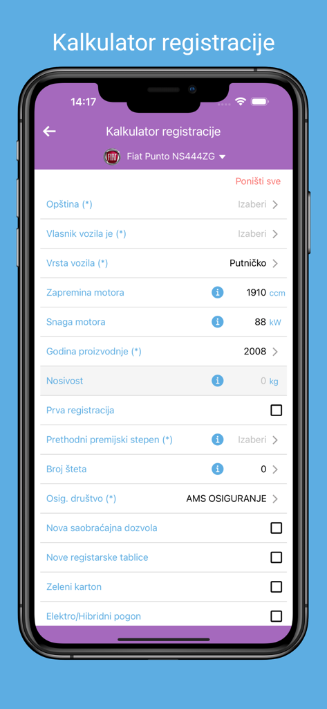 E-Knjižica - A mobile application screen displaying a calculator for vehicle registration costs