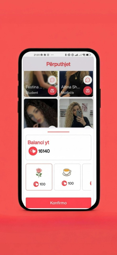 Screen from the Dashuroj app showing user matches and options to send virtual gifts like roses and coffee using credits.
