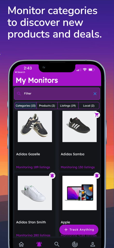 Inventory Bot - スニーカーやAppleデバイスなどの監視製品のリストを表示する在庫ボットモバイルアプリ画面。