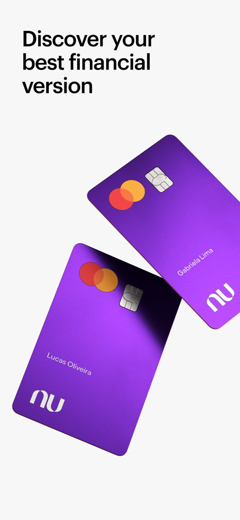 Dos tarjetas de crédito moradas de Nubank mostradas con el eslogan Descubre tu mejor versión financiera
